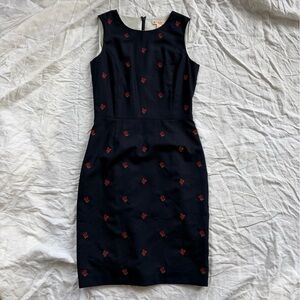 Brooks Brothers Navy Sheath Dress with Red Floral Embroidery